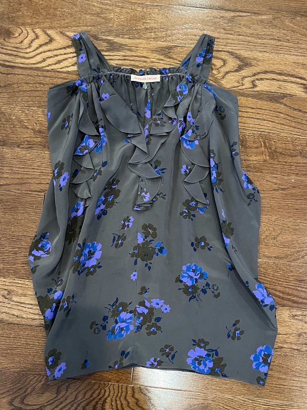 Rebecca Taylor grey and blue floral silk tank top with ruffle details
